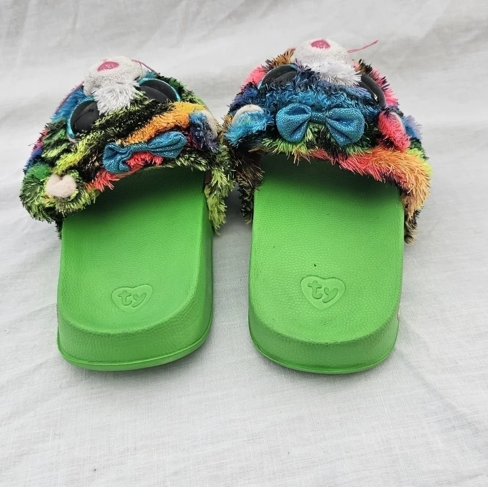 Ty - Fashion Slipper Slides - size 11-13 green and multicolored cat Tigerly-